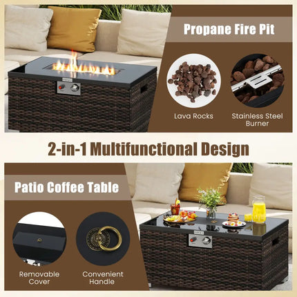 2-Piece Outdoor Rattan Fire Table Set 32 Inch Rectangle Gas Firepit with Tank Cover-Brown - Brown - Fire Pit Tables