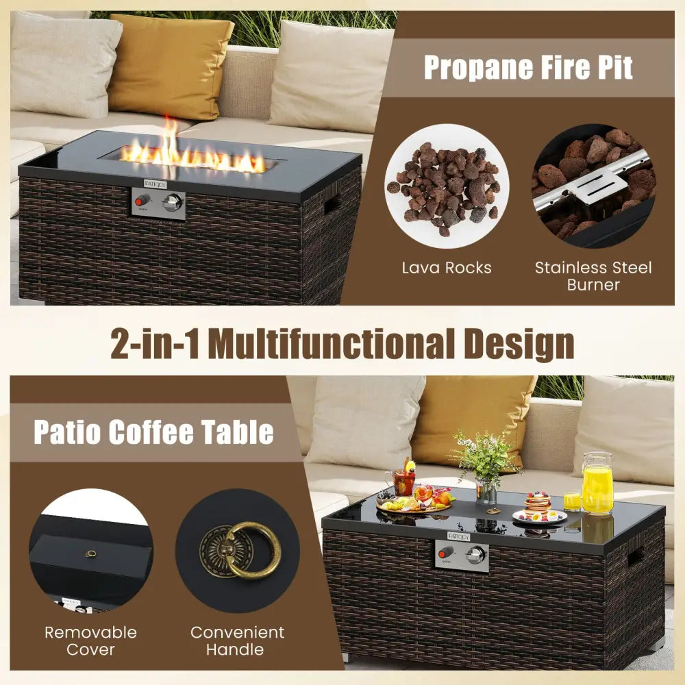 2-Piece Outdoor Rattan Fire Table Set 32 Inch Rectangle Gas Firepit with Tank Cover-Brown - Brown - Fire Pit Tables
