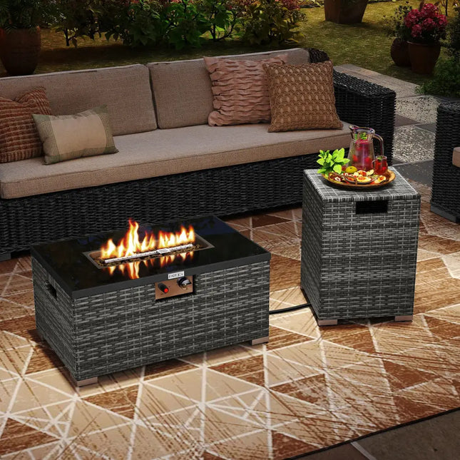 2-Piece Outdoor Rattan Fire Table Set 32 Inch Rectangle Gas Firepit with Tank Cover-Gray - Gray - Fire Pit Tables