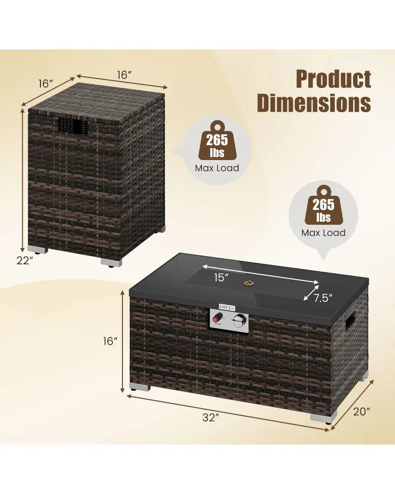 2-Piece Outdoor Rattan Fire Table Set 32 Inch Rectangle Gas Firepit with Tank Cover-Brown - Brown - Fire Pit Tables