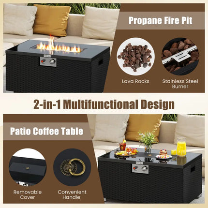 2-Piece Outdoor Rattan Fire Table Set 32 Inch Rectangle Gas Firepit with Tank Cover-Black - Black - Fire Pit Tables