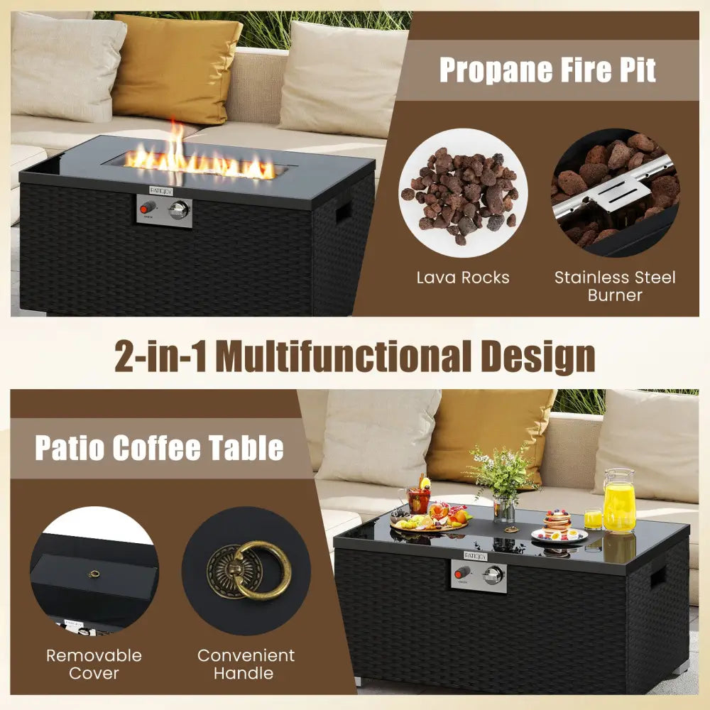 2-Piece Outdoor Rattan Fire Table Set 32 Inch Rectangle Gas Firepit with Tank Cover-Black - Black - Fire Pit Tables