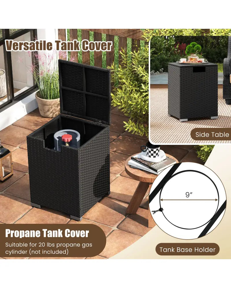 2-Piece Outdoor Rattan Fire Table Set 32 Inch Rectangle Gas Firepit with Tank Cover-Black - Black - Fire Pit Tables