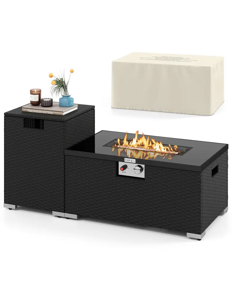 2-Piece Outdoor Rattan Fire Table Set 32 Inch Rectangle Gas Firepit with Tank Cover-Black - Black - Fire Pit Tables