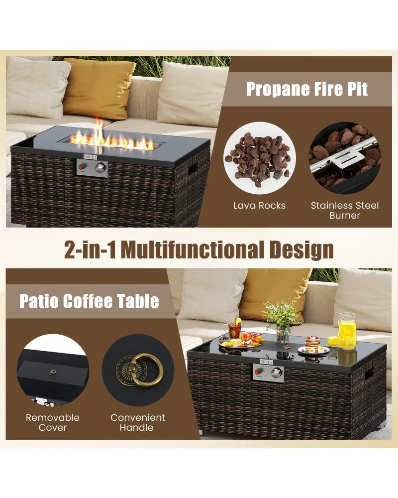 2-Piece Outdoor Rattan Fire Table Set 32 Inch Rectangle Gas Firepit with Tank Cover-Brown - Brown - Fire Pit Tables