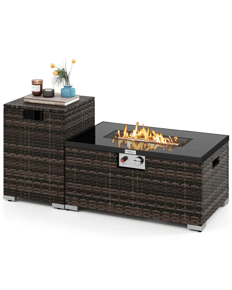 2-Piece Outdoor Rattan Fire Table Set 32 Inch Rectangle Gas Firepit with Tank Cover-Brown - Brown - Fire Pit Tables