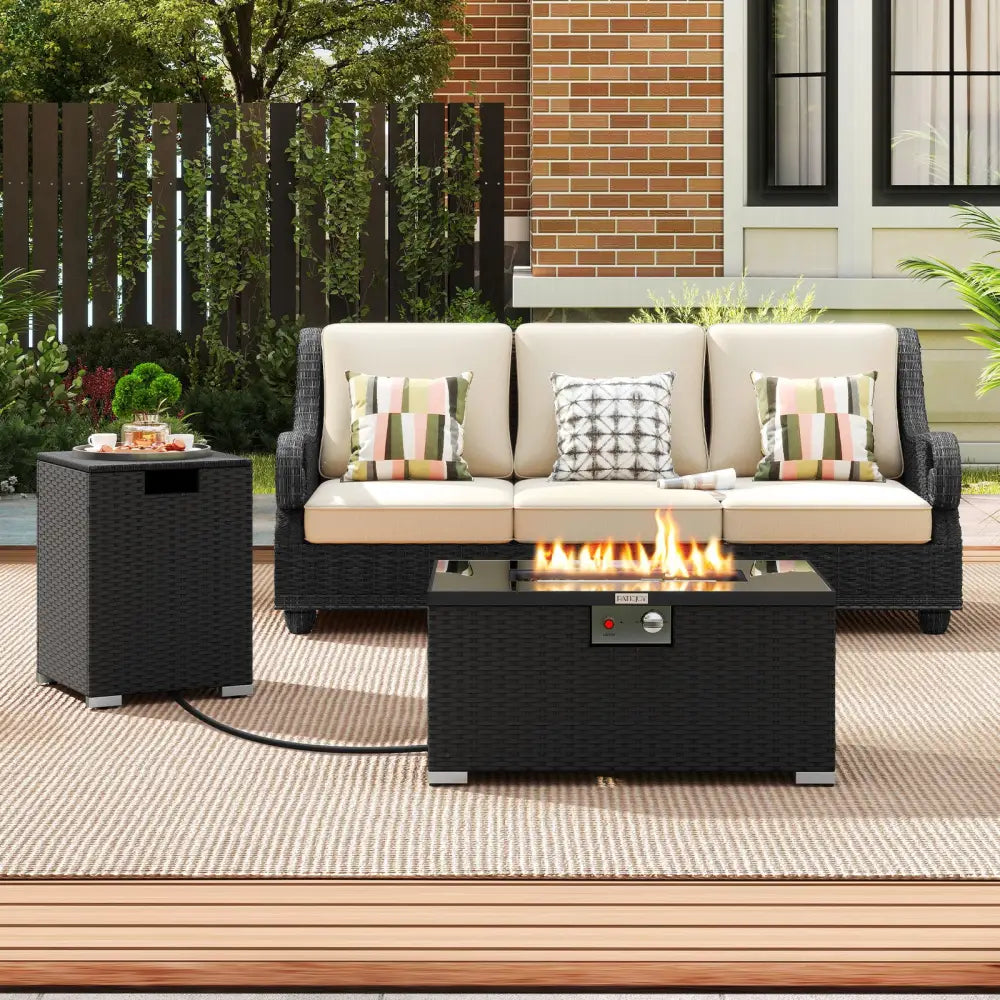 2-Piece Outdoor Rattan Fire Table Set 32 Inch Rectangle Gas Firepit with Tank Cover-Black - Black - Fire Pit Tables