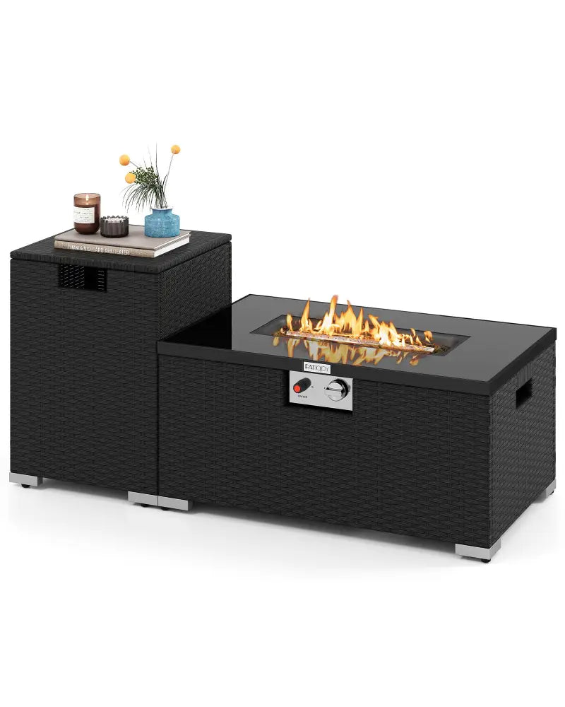 2-Piece Outdoor Rattan Fire Table Set 32 Inch Rectangle Gas Firepit with Tank Cover-Black - Black - Fire Pit Tables