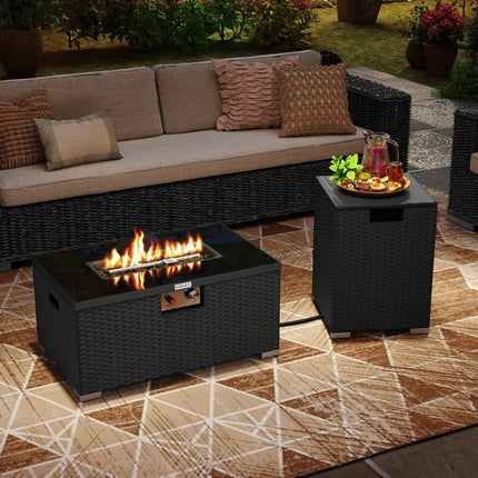 2-Piece Outdoor Rattan Fire Table Set 32 Inch Rectangle Gas Firepit with Tank Cover-Black - Black - Fire Pit Tables