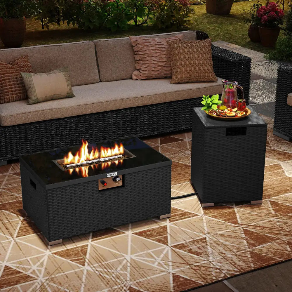 2-Piece Outdoor Rattan Fire Table Set 32 Inch Rectangle Gas Firepit with Tank Cover-Black - Black - Fire Pit Tables