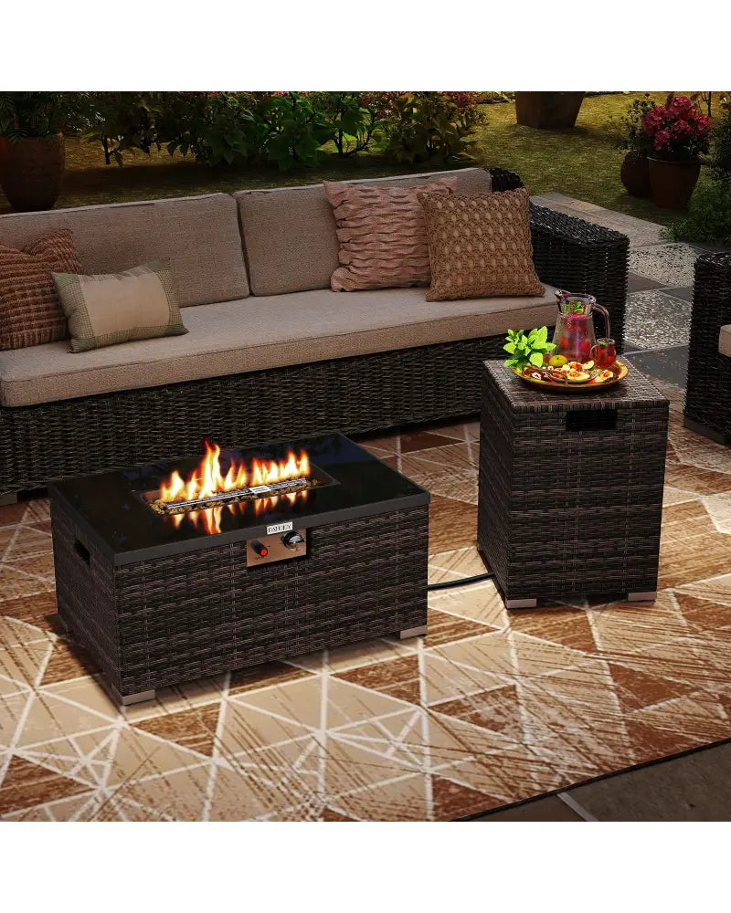 2-Piece Outdoor Rattan Fire Table Set 32 Inch Rectangle Gas Firepit with Tank Cover-Brown - Brown - Fire Pit Tables