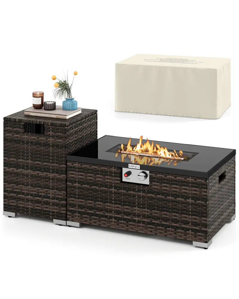 2-Piece Outdoor Rattan Fire Table Set 32 Inch Rectangle Gas Firepit with Tank Cover-Brown - Brown - Fire Pit Tables