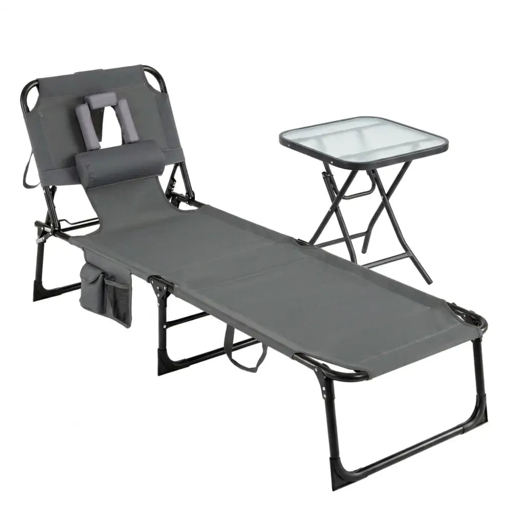 2-Piece Outdoor Tanning Chair and Patio Side Table Set with Folding Lounge Chair and Square Bistro Table - Outdoor