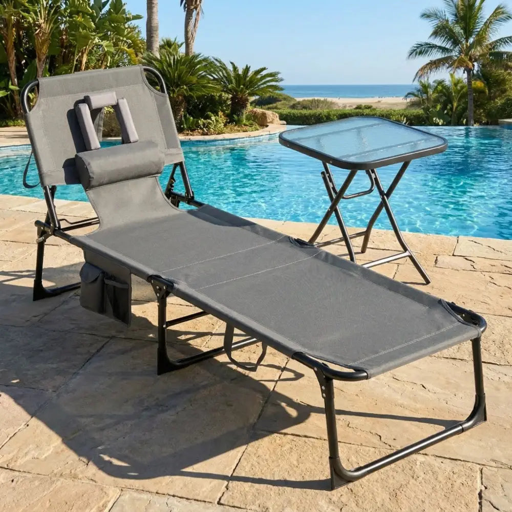 2-Piece Outdoor Tanning Chair and Patio Side Table Set with Folding Lounge Chair and Square Bistro Table - Outdoor