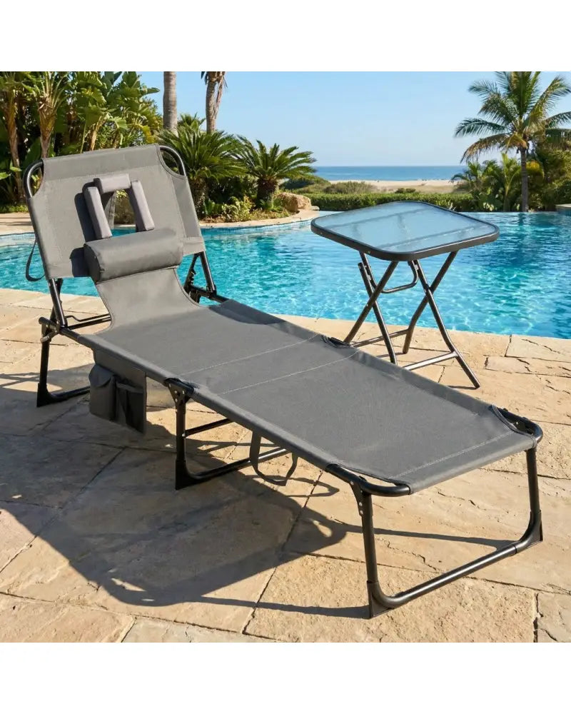 2-Piece Outdoor Tanning Chair and Patio Side Table Set with Folding Lounge Chair and Square Bistro Table - Outdoor