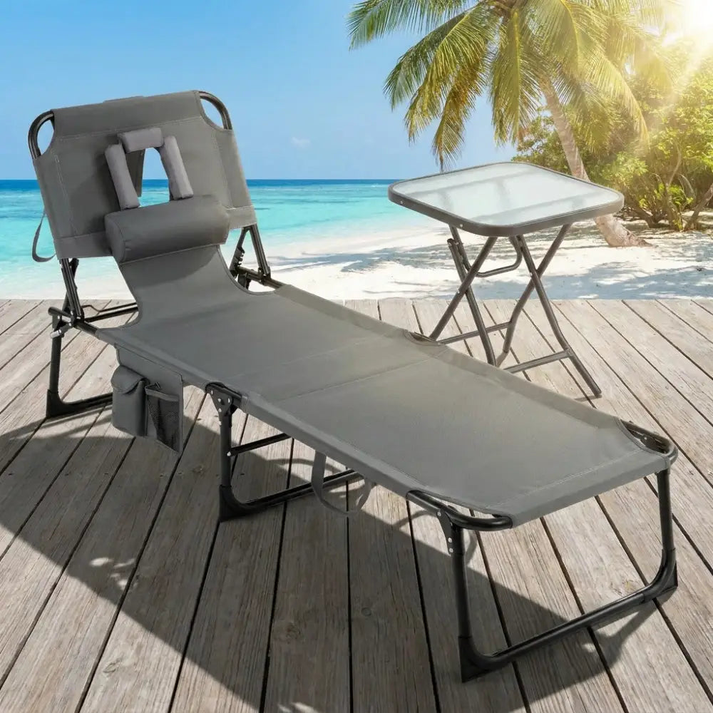 2-Piece Outdoor Tanning Chair and Patio Side Table Set with Folding Lounge Chair and Square Bistro Table - Outdoor