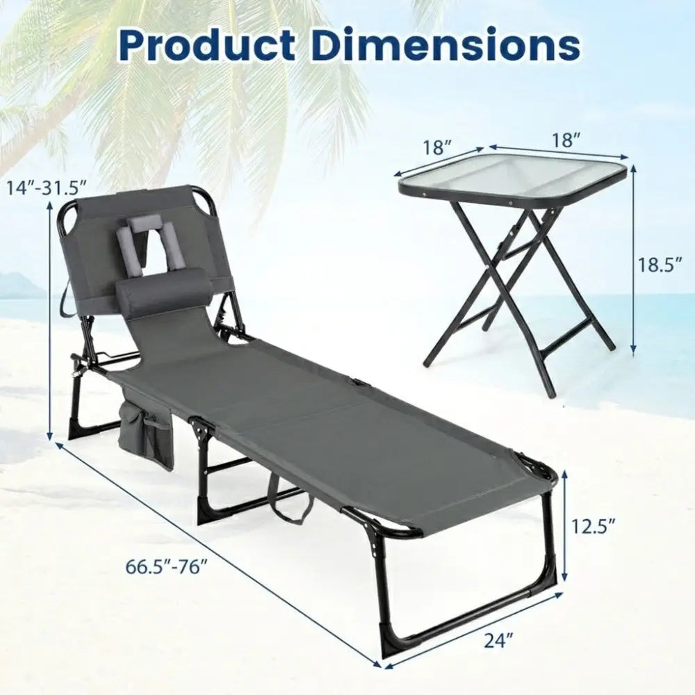 2-Piece Outdoor Tanning Chair and Patio Side Table Set with Folding Lounge Chair and Square Bistro Table - Outdoor