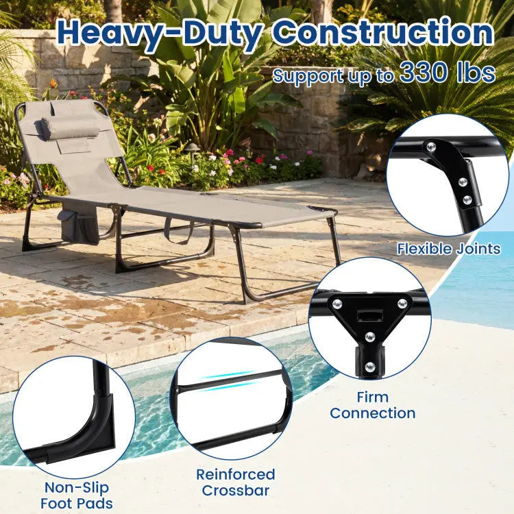 2-Piece Outdoor Tanning Chair and Patio Side Table Set with Folding Lounge Chair and Square Bistro Table - Outdoor
