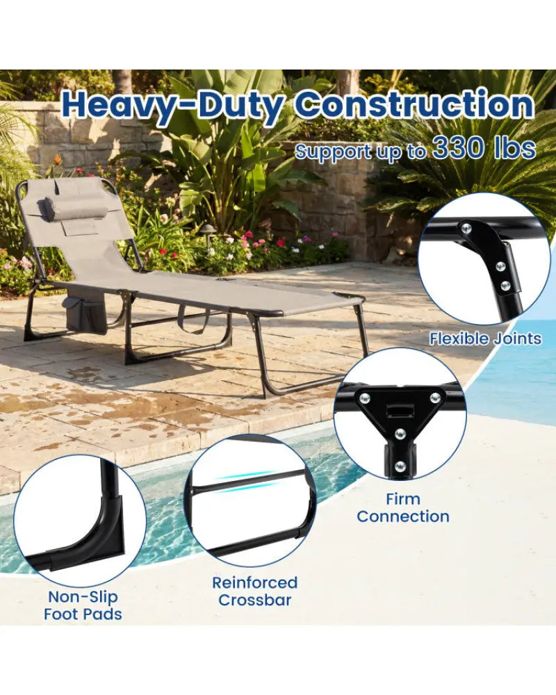 2-Piece Outdoor Tanning Chair and Patio Side Table Set with Folding Lounge Chair and Square Bistro Table - Outdoor