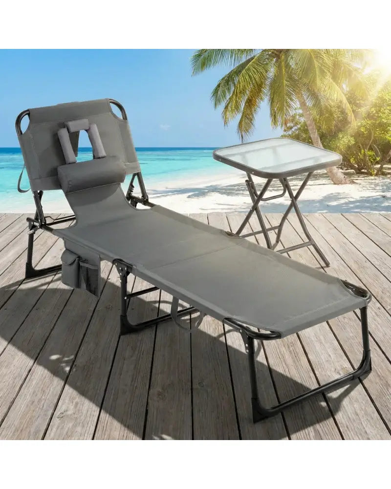 2-Piece Outdoor Tanning Chair and Patio Side Table Set with Folding Lounge Chair and Square Bistro Table - Outdoor