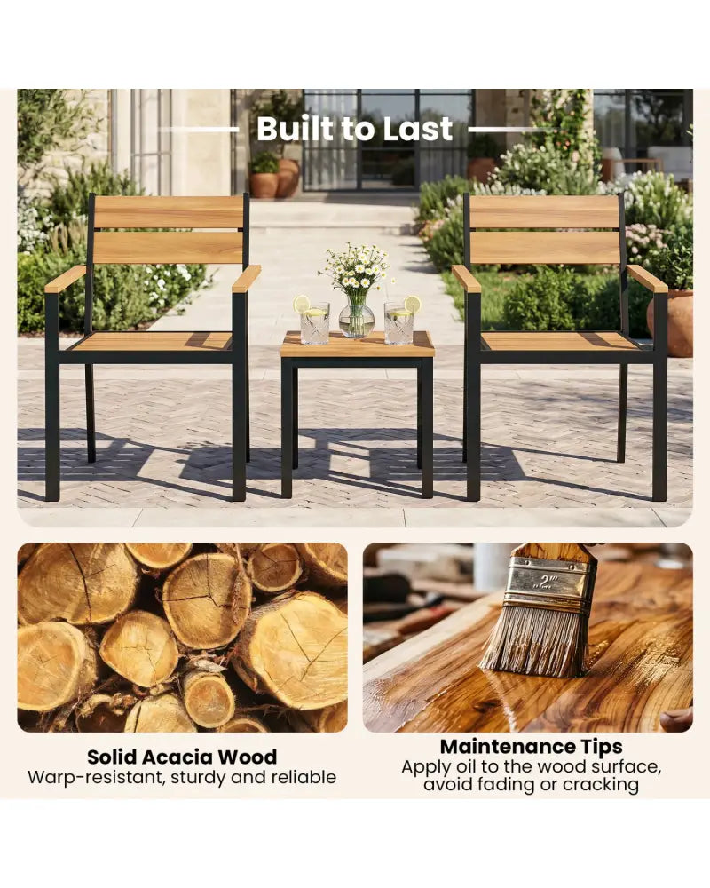 2 piece Outside Patio Dining Chair with Acacia Armrest for Backyard Garden - Patio Dining Chairs