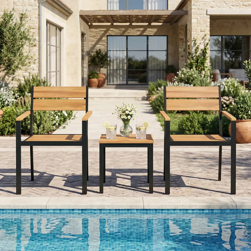 2 piece Outside Patio Dining Chair with Acacia Armrest for Backyard Garden - Patio Dining Chairs
