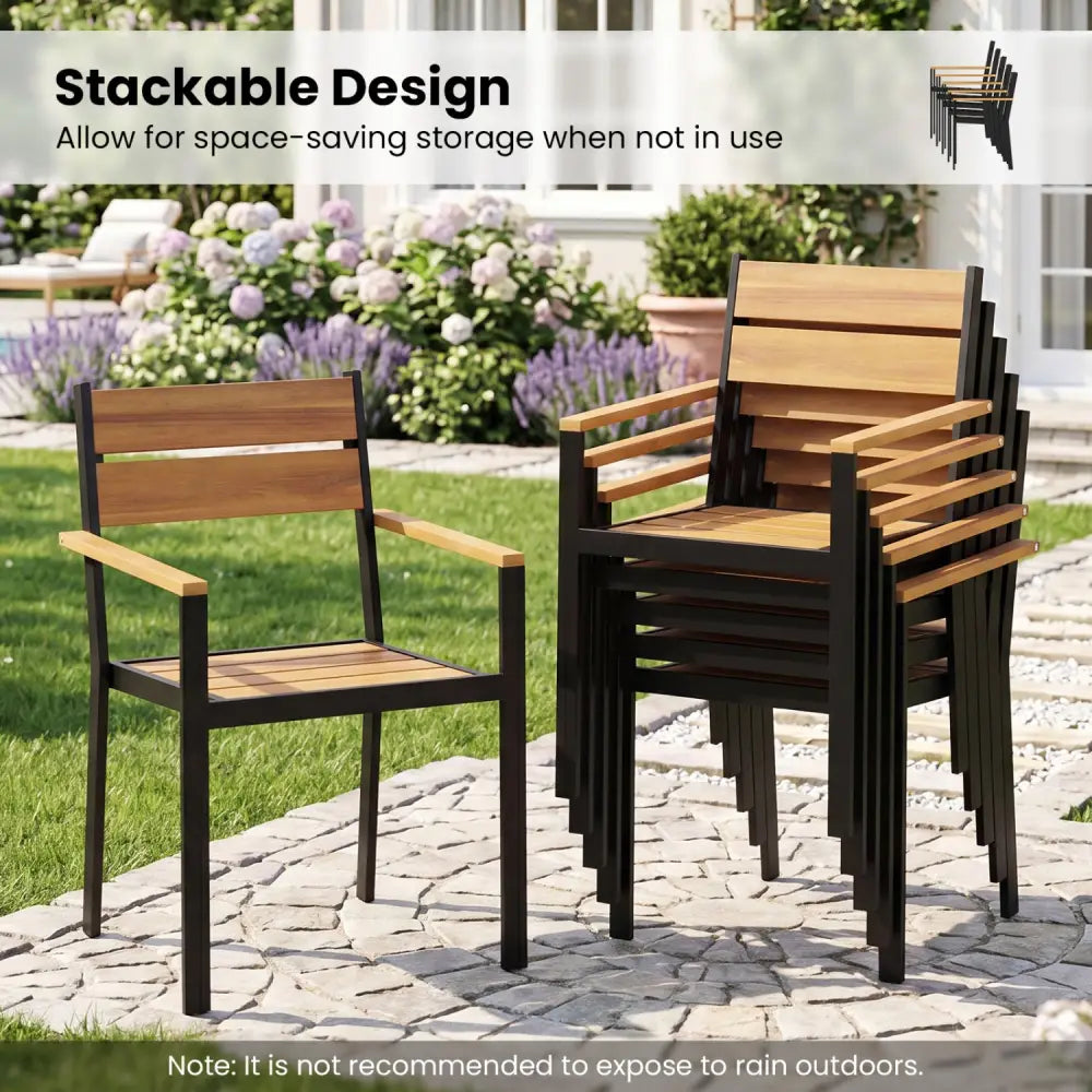 2 piece Outside Patio Dining Chair with Acacia Armrest for Backyard Garden - Patio Dining Chairs