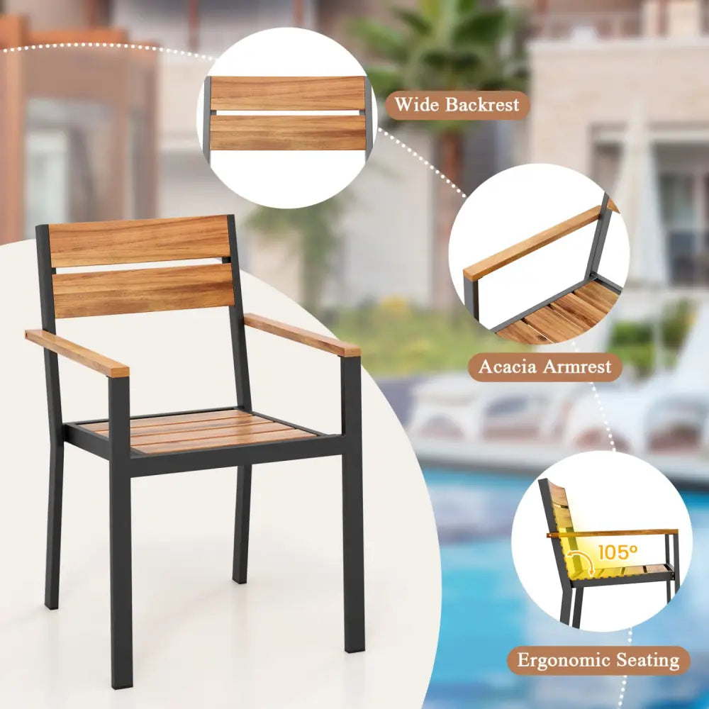 2 piece Outside Patio Dining Chair with Acacia Armrest for Backyard Garden - Patio Dining Chairs