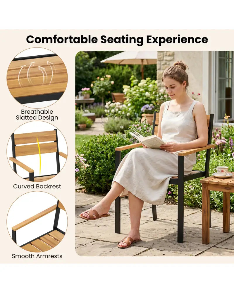 2 piece Outside Patio Dining Chair with Acacia Armrest for Backyard Garden - Patio Dining Chairs