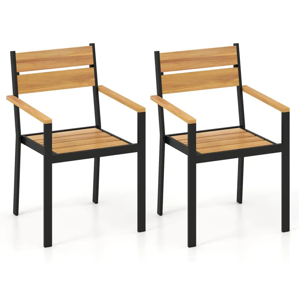 2 piece Outside Patio Dining Chair with Acacia Armrest for Backyard Garden - Patio Dining Chairs