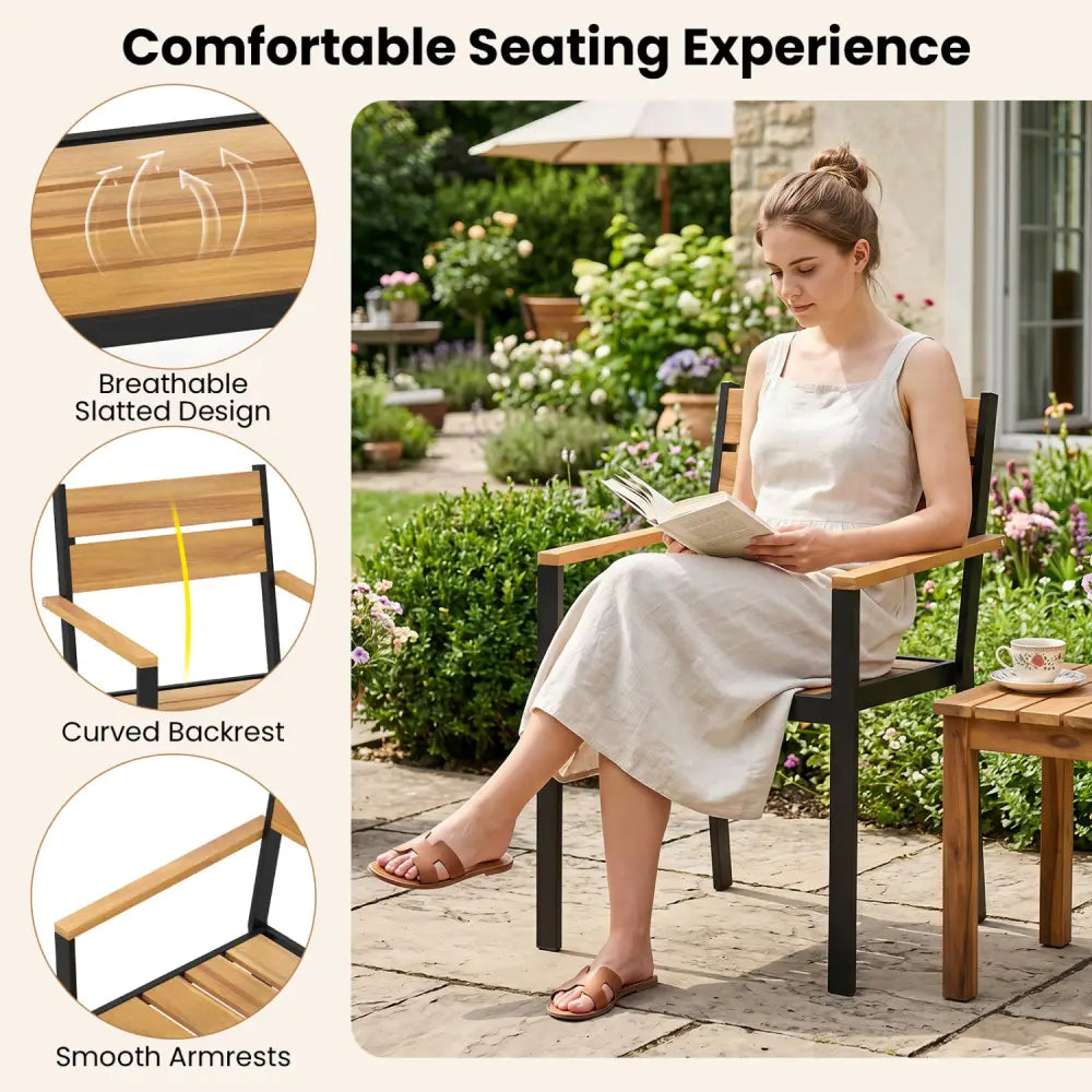 2 piece Outside Patio Dining Chair with Acacia Armrest for Backyard Garden - Patio Dining Chairs