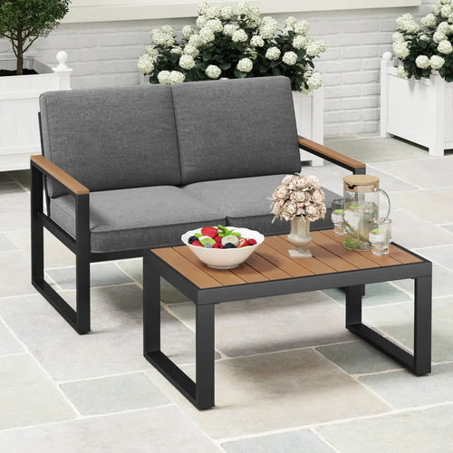2 Piece Patio Aluminum Furniture Set with Wood-Plastic Armrests and Tabletop-Gray - Gray - Patio Conversation Sets