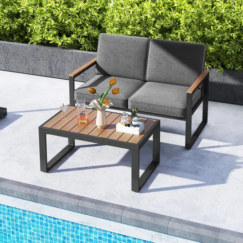 2 Piece Patio Aluminum Furniture Set with Wood-Plastic Armrests and Tabletop-Gray - Gray - Patio Conversation Sets