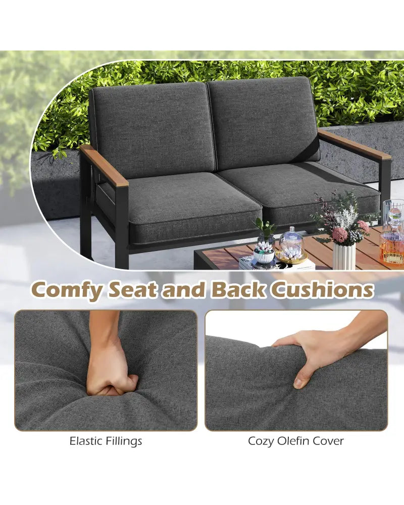 2 Piece Patio Aluminum Furniture Set with Wood-Plastic Armrests and Tabletop-Gray - Gray - Patio Conversation Sets