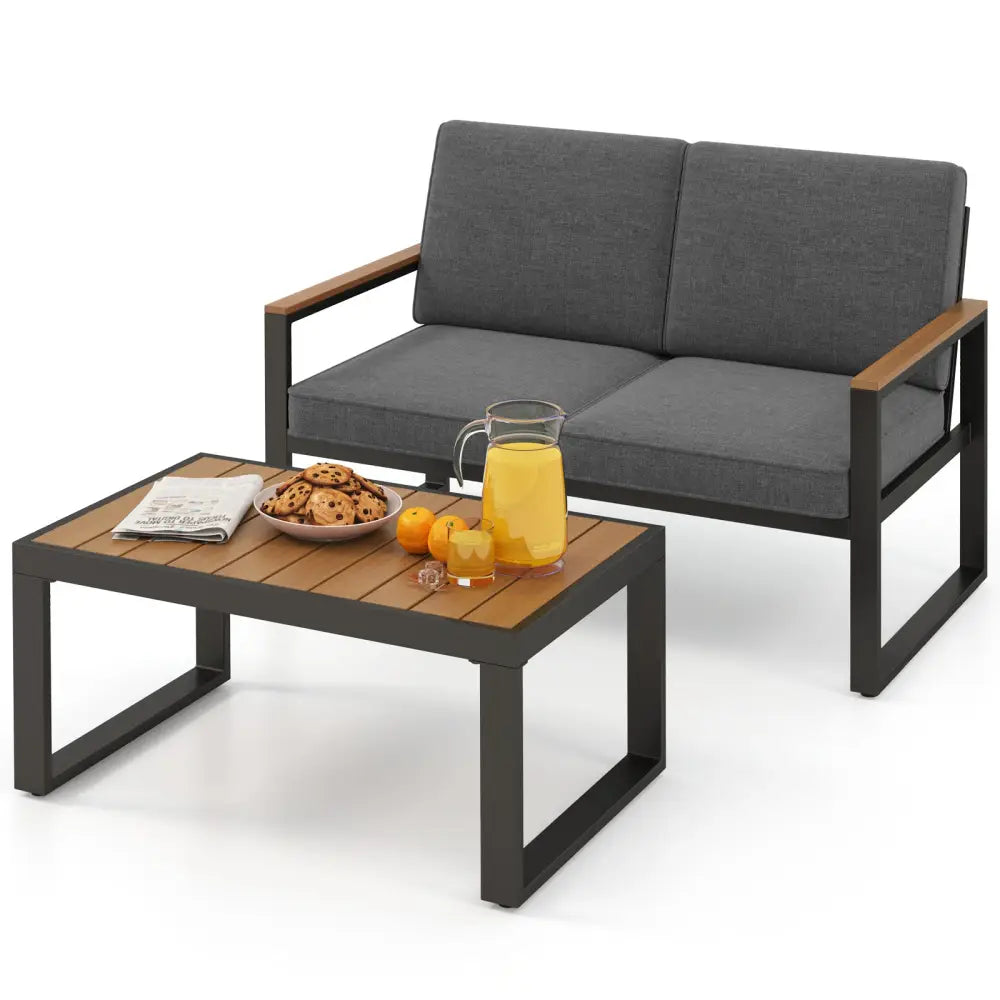 2 Piece Patio Aluminum Furniture Set with Wood-Plastic Armrests and Tabletop-Gray - Gray - Patio Conversation Sets