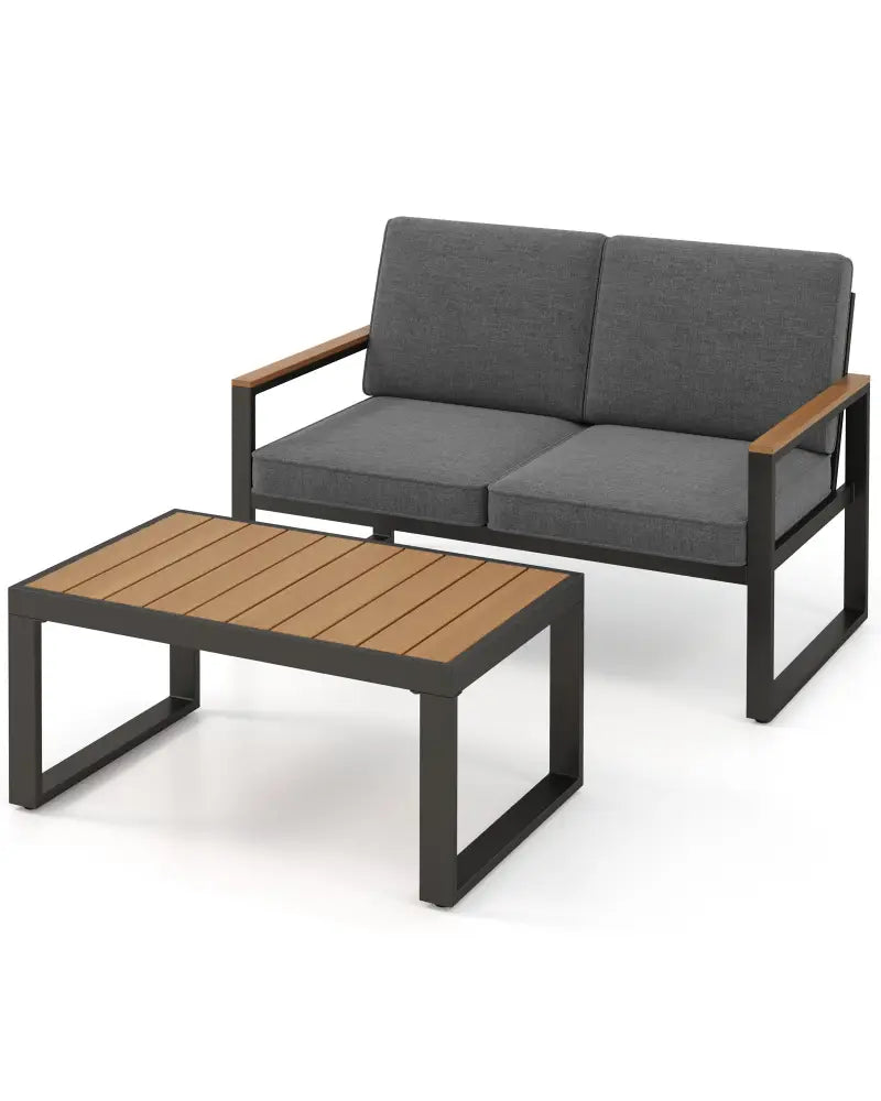 2 Piece Patio Aluminum Furniture Set with Wood-Plastic Armrests and Tabletop-Gray - Gray - Patio Conversation Sets