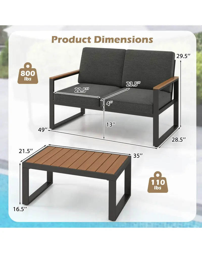2 Piece Patio Aluminum Furniture Set with Wood-Plastic Armrests and Tabletop-Gray - Gray - Patio Conversation Sets