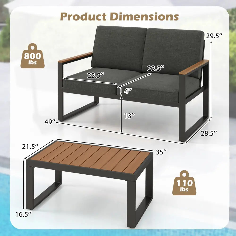 2 Piece Patio Aluminum Furniture Set with Wood-Plastic Armrests and Tabletop-Gray - Gray - Patio Conversation Sets