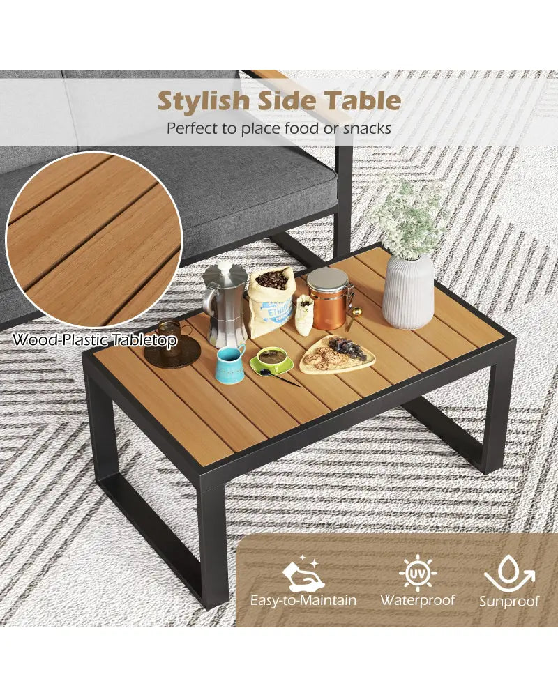 2 Piece Patio Aluminum Furniture Set with Wood-Plastic Armrests and Tabletop-Gray - Gray - Patio Conversation Sets