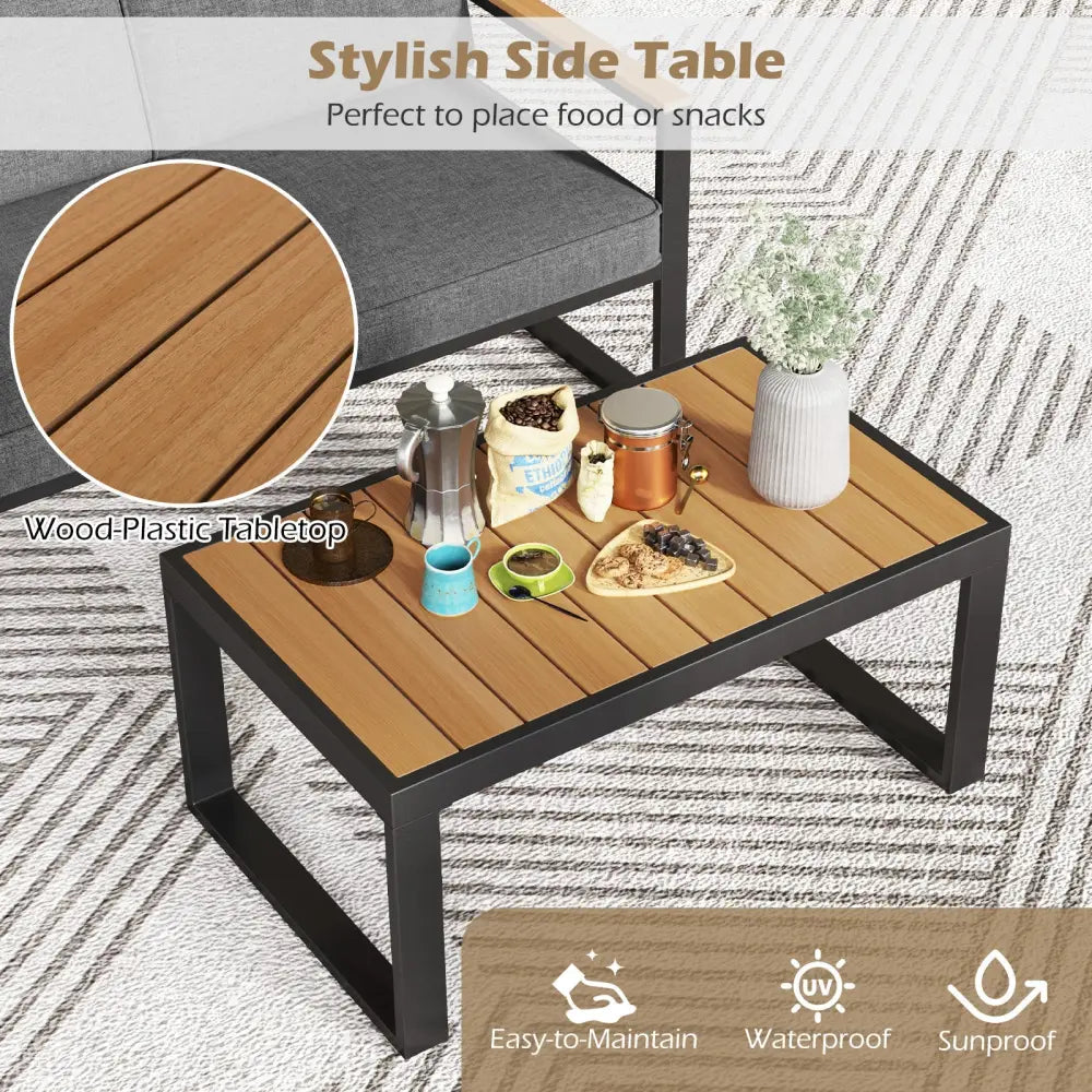 2 Piece Patio Aluminum Furniture Set with Wood-Plastic Armrests and Tabletop-Gray - Gray - Patio Conversation Sets