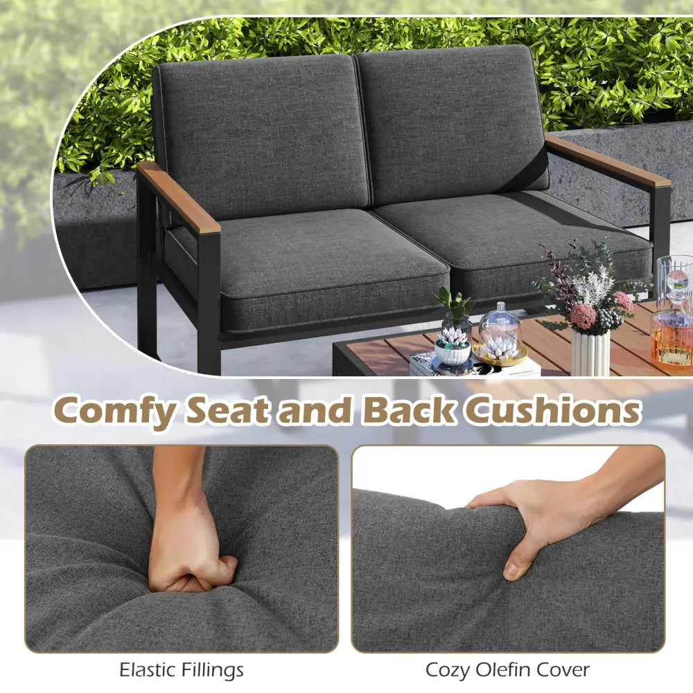 2 Piece Patio Aluminum Furniture Set with Wood-Plastic Armrests and Tabletop-Gray - Gray - Patio Conversation Sets
