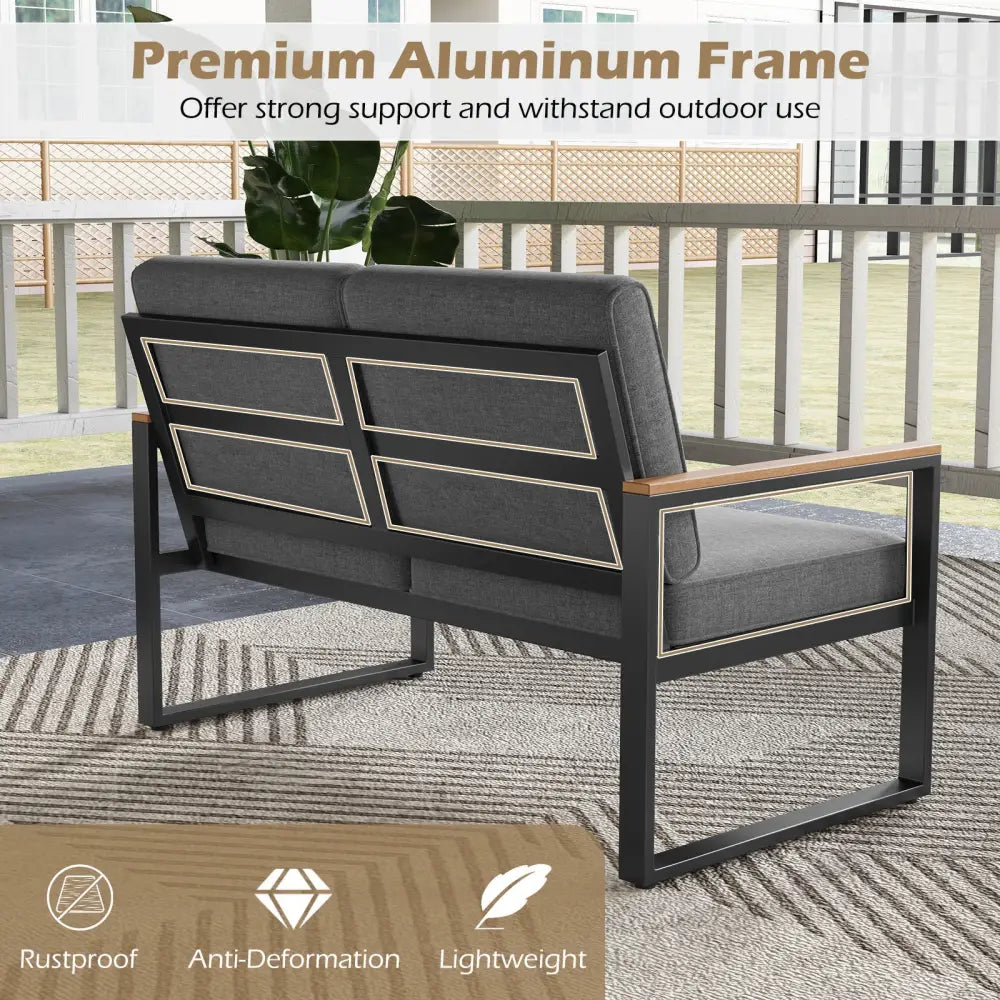 2 Piece Patio Aluminum Furniture Set with Wood-Plastic Armrests and Tabletop-Gray - Gray - Patio Conversation Sets