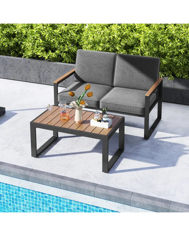 2 Piece Patio Aluminum Furniture Set with Wood-Plastic Armrests and Tabletop-Gray - Gray - Patio Conversation Sets