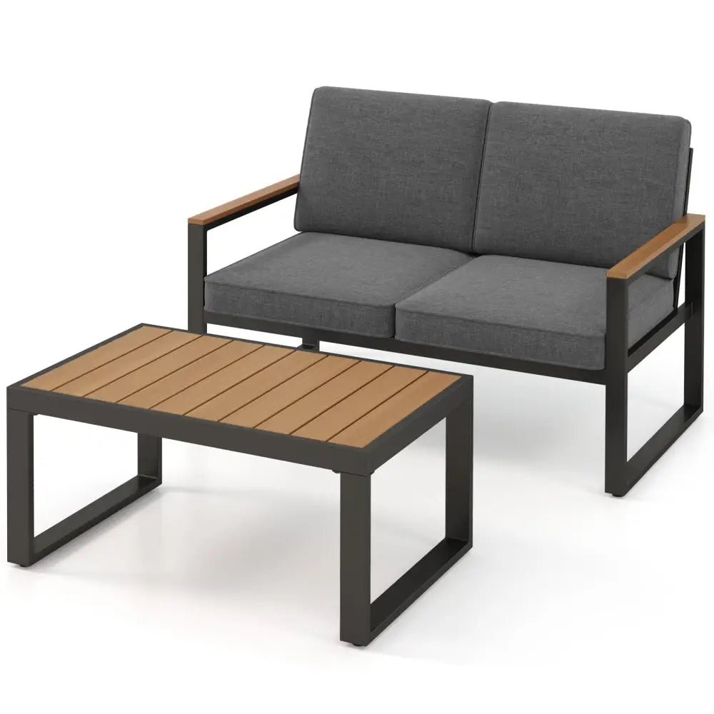2 Piece Patio Aluminum Furniture Set with Wood-Plastic Armrests and Tabletop-Gray - Gray - Patio Conversation Sets