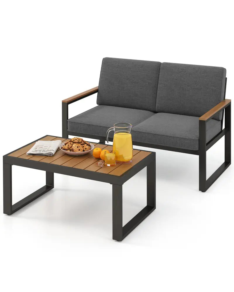 2 Piece Patio Aluminum Furniture Set with Wood-Plastic Armrests and Tabletop-Gray - Gray - Patio Conversation Sets