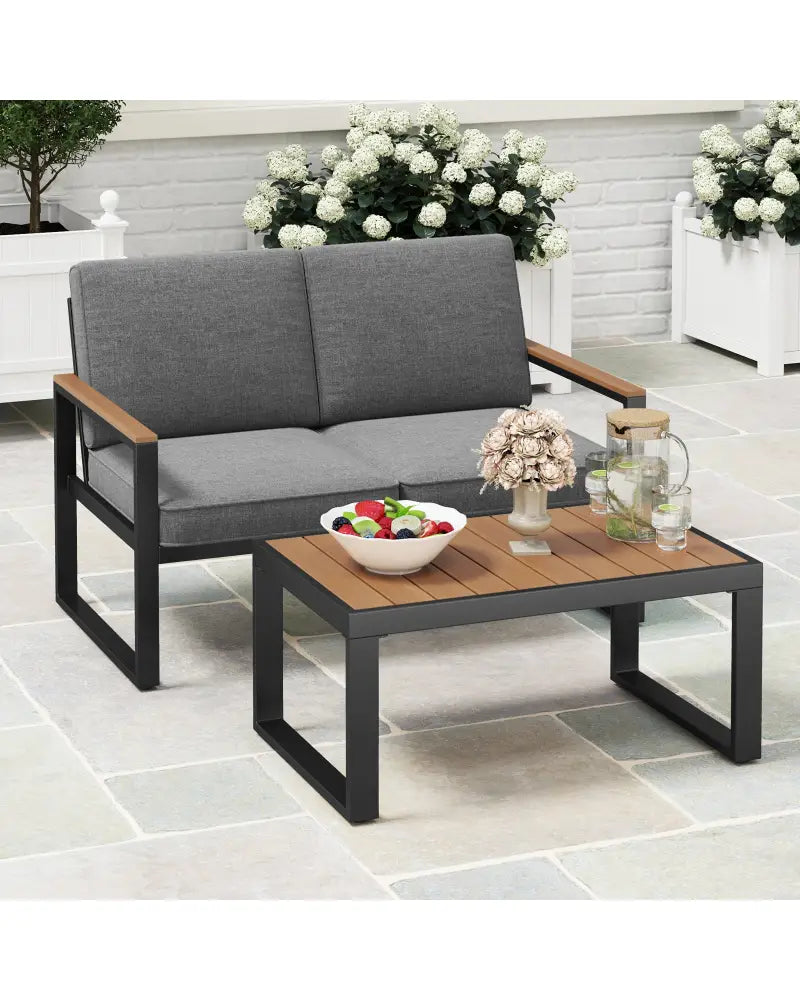2 Piece Patio Aluminum Furniture Set with Wood-Plastic Armrests and Tabletop-Gray - Gray - Patio Conversation Sets