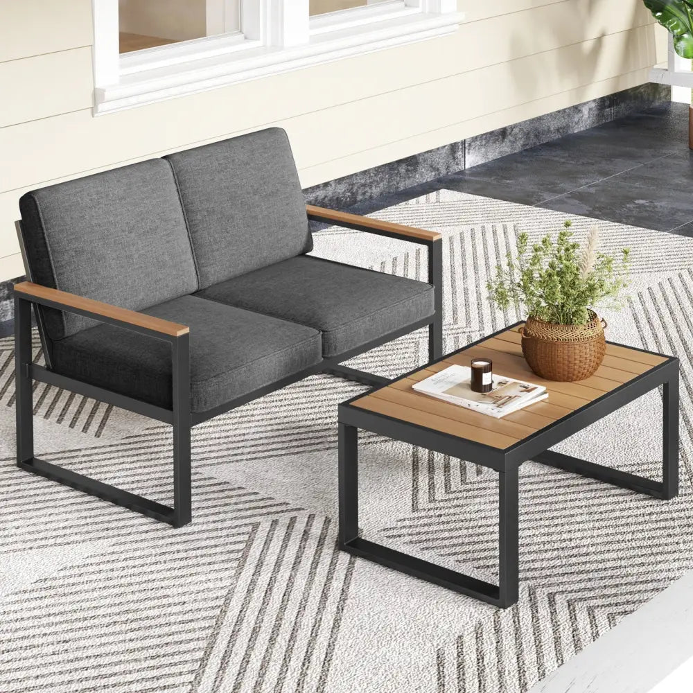 2 Piece Patio Aluminum Furniture Set with Wood-Plastic Armrests and Tabletop-Gray - Gray - Patio Conversation Sets