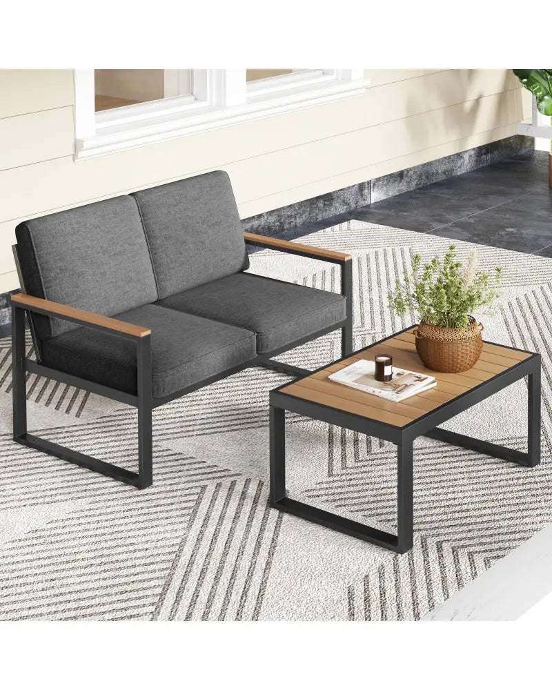 2 Piece Patio Aluminum Furniture Set with Wood-Plastic Armrests and Tabletop-Gray - Gray - Patio Conversation Sets
