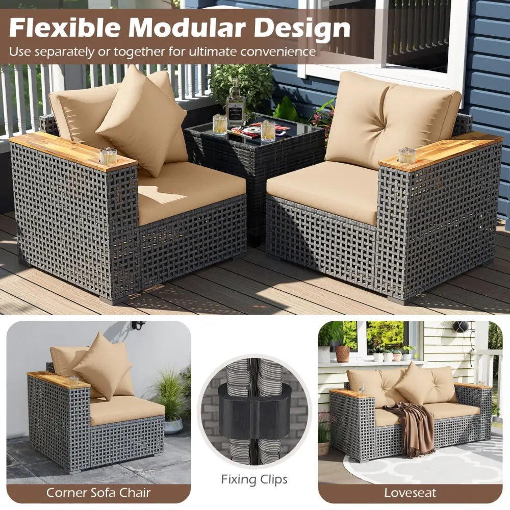 2-Piece Patio Corner Sofa Set with Thick Cushions-Beige - Beige - Outdoor Sectionals