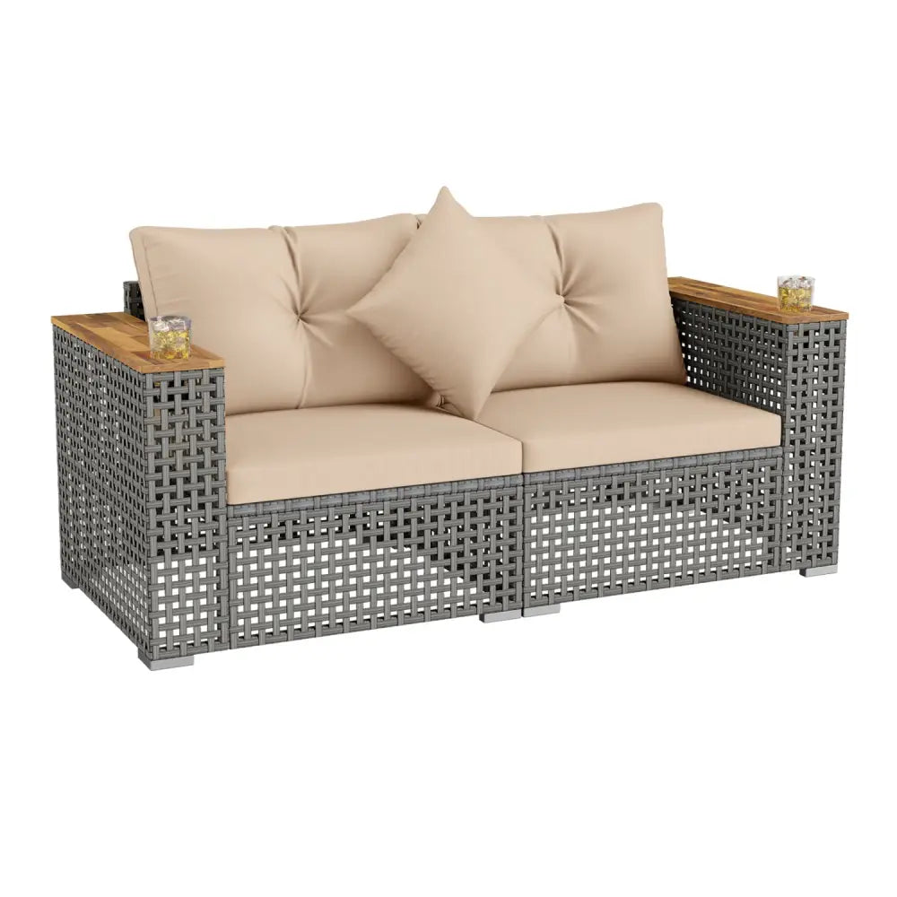 2-Piece Patio Corner Sofa Set with Thick Cushions-Beige - Beige - Outdoor Sectionals